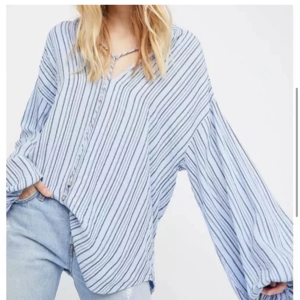 Free People Rhythm of the Night Blue and Black Striped Oversized Tunic Top - Picture 5 of 7